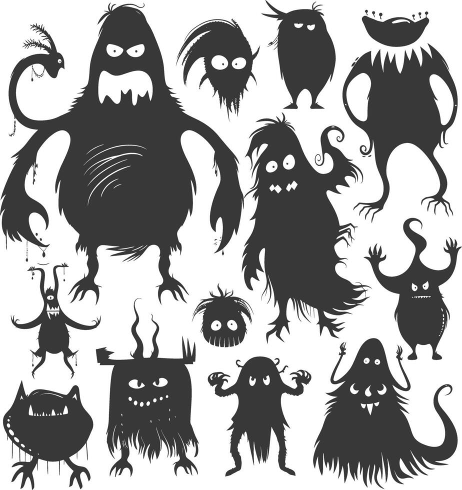 silhouet grappig monsters verzameling reeks zwart kleur enkel en alleen vector