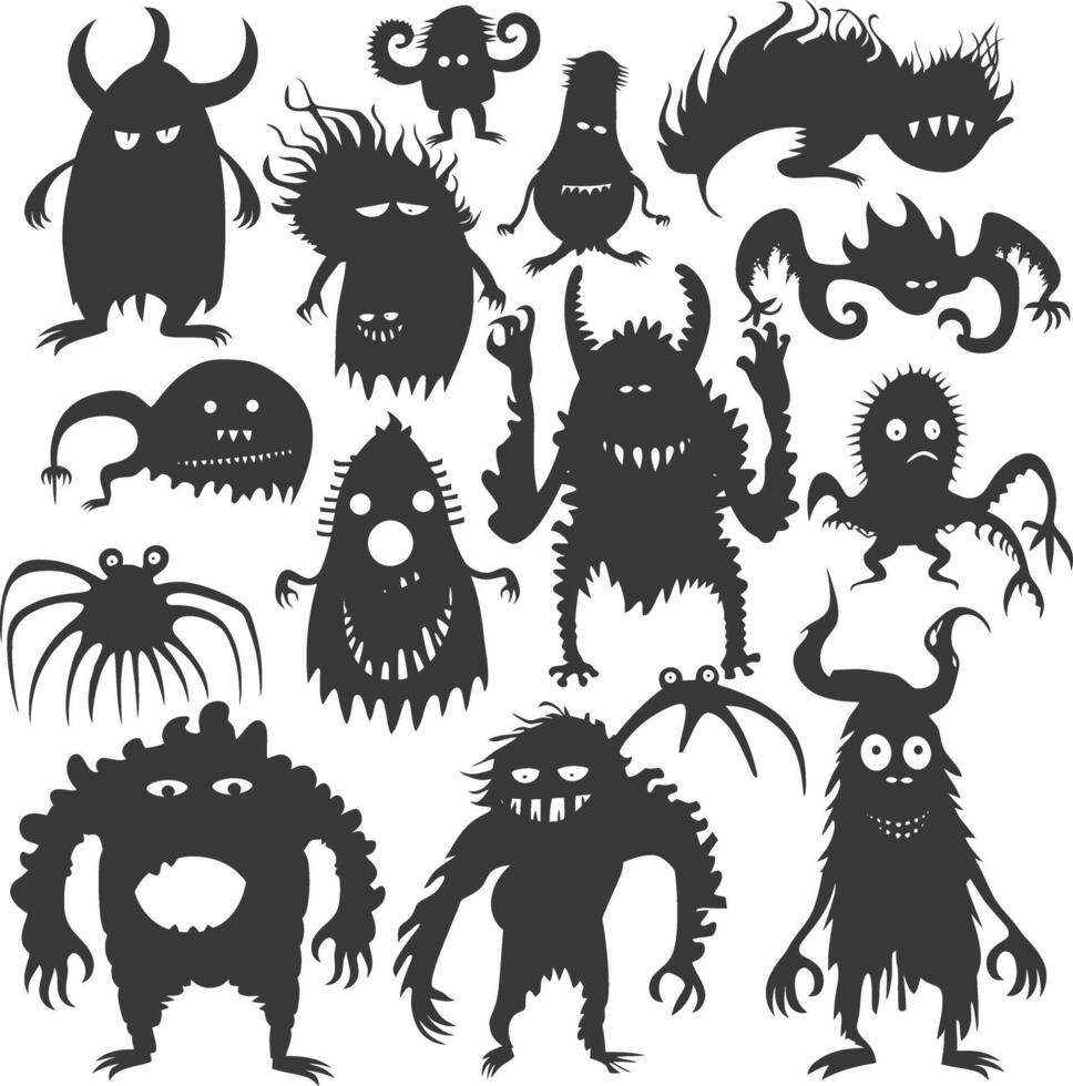 silhouet grappig monsters verzameling reeks zwart kleur enkel en alleen vector