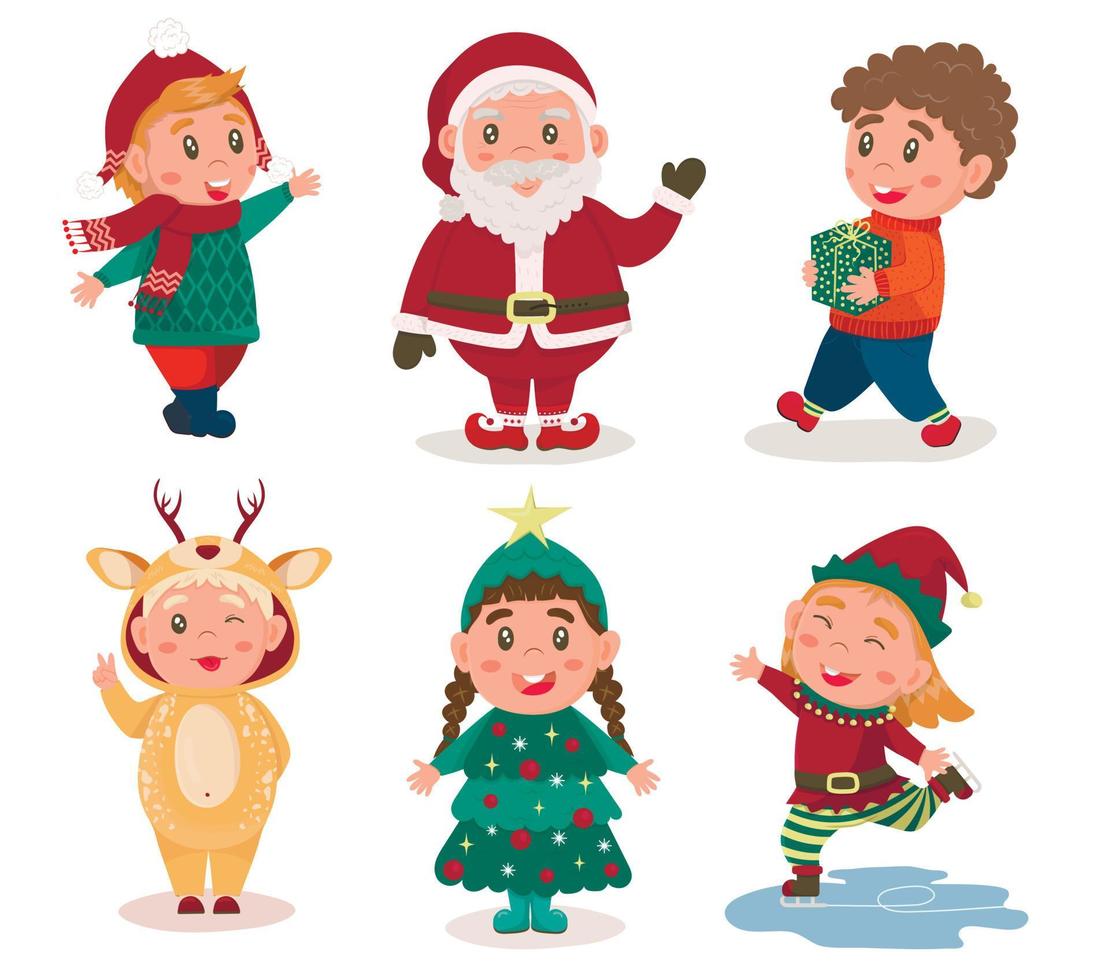 schattige kinderen in kerstkostuums van een boom, hert, elf. het kind draagt geschenken, zwaait met zijn hand, schaatsen. Kerstman. set kerstkarakters vector