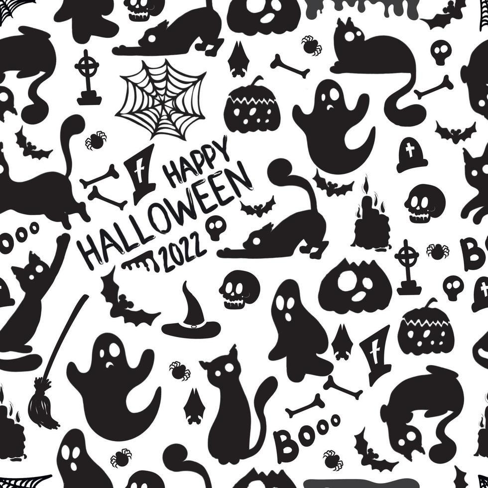 naadloos patroon van zwart-witte silhouetten van spoken, katten, halloween-dingen. stickers, afdrukken op papier, decoratie voor vakantiehuizen vector