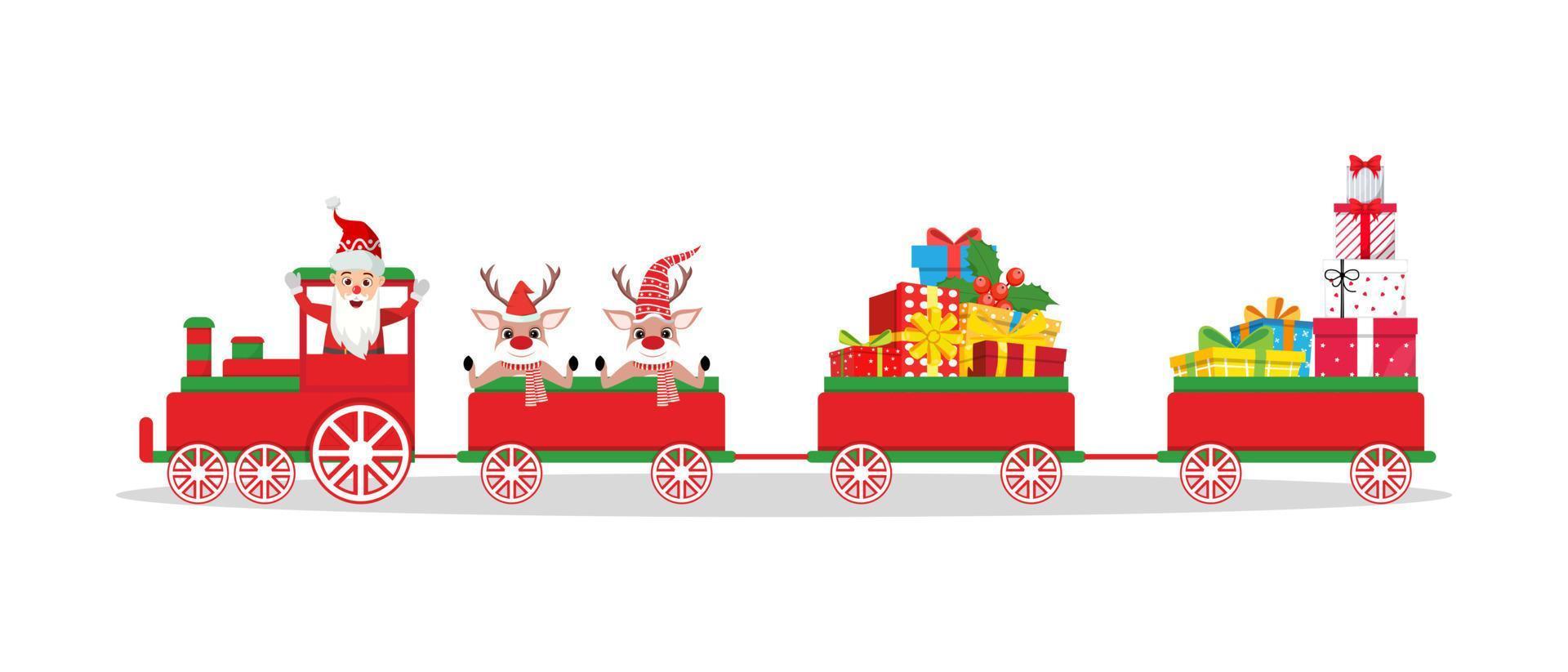 schattig mooi kerstmankarakter en rendierkarakter met kerstoutfit en op kersttrein met geschenkdozen vector