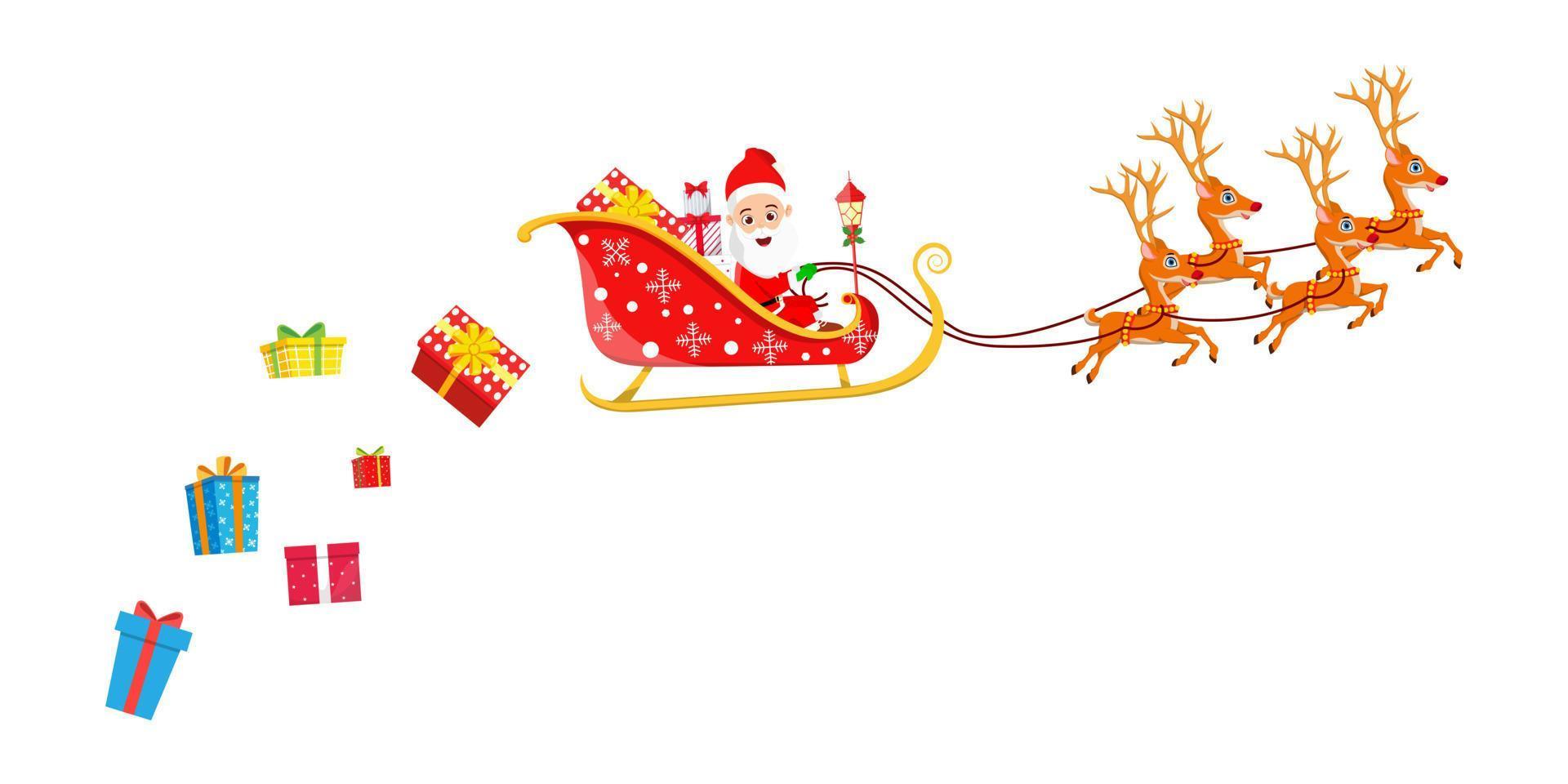 schattig mooi kerstmankarakter vliegend in de lucht met slee met rendieren met geschenkdozen en werpdozen vector