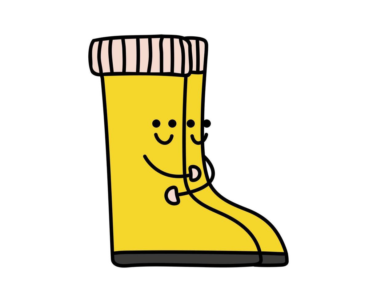 paar- van laarzen knuffelen. rubber geel herfst waterbestendig schoenen. twee glimlachen tekens voor kinderen. vriendschap. medewerking, steun. tekening door hand. vlak ontwerp. kleur. geïsoleerd. illustratie vector
