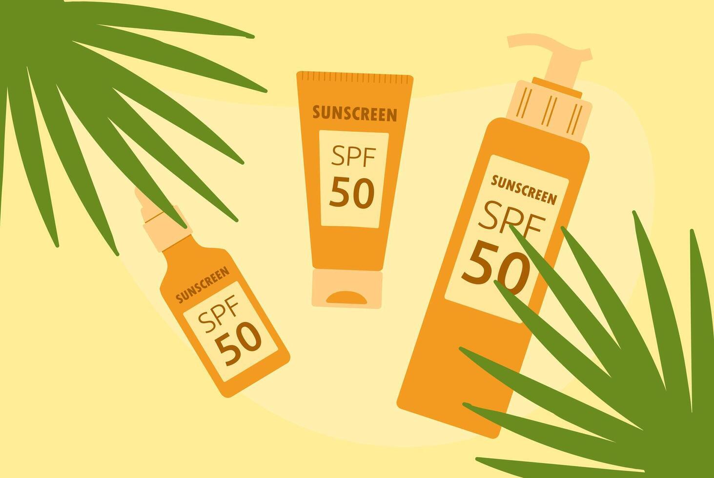 zonnescherm palm bladeren zand. afzet spandoek. beschermend zonnescherm room, spf 50. divers buizen zomer cosmetica. uv bescherming. huid zorg. tropisch fabriek. vlak stijl. kleur afbeelding. illustratie vector