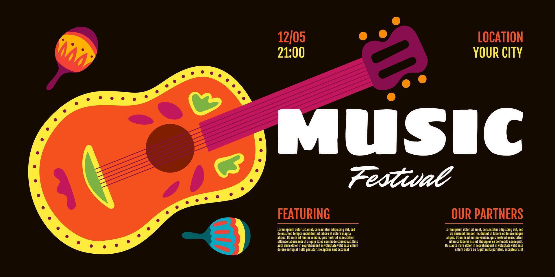 muziek- festival tonen horizontaal spandoek. uitnodiging folder ontwerp sjabloon. akoestisch gitaar en maracas Aan zwart achtergrond. leven volk musical partij omslag. land fest evenement afdrukken. eps vector