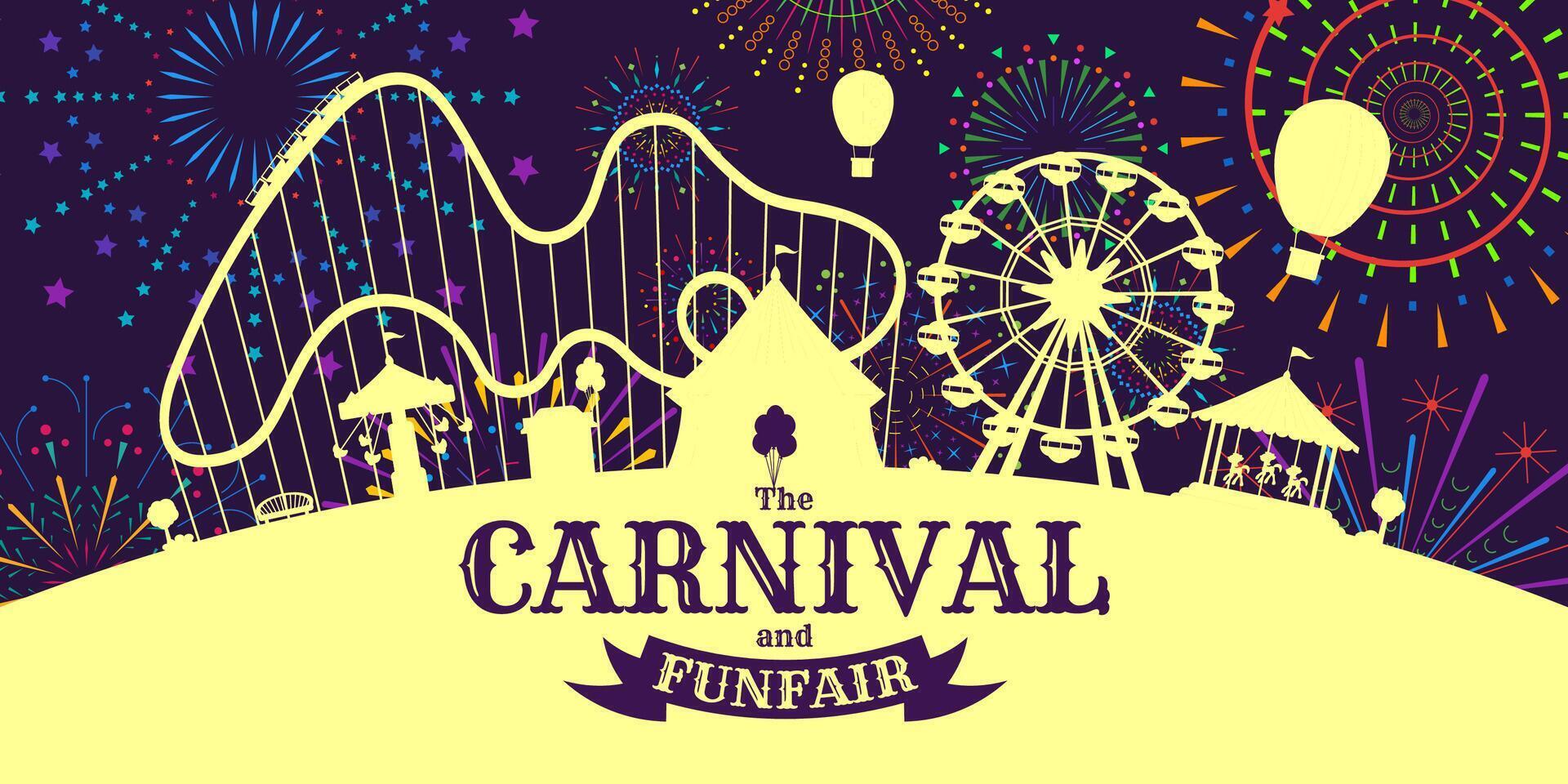 carnaval kermis horizontaal banier met vuurwerk Aan nacht lucht. amusement park met circus, draaimolens, rol achtbaan, attracties Aan vuurwerk sparkles stralen achtergrond. pret eerlijk festival folder vector