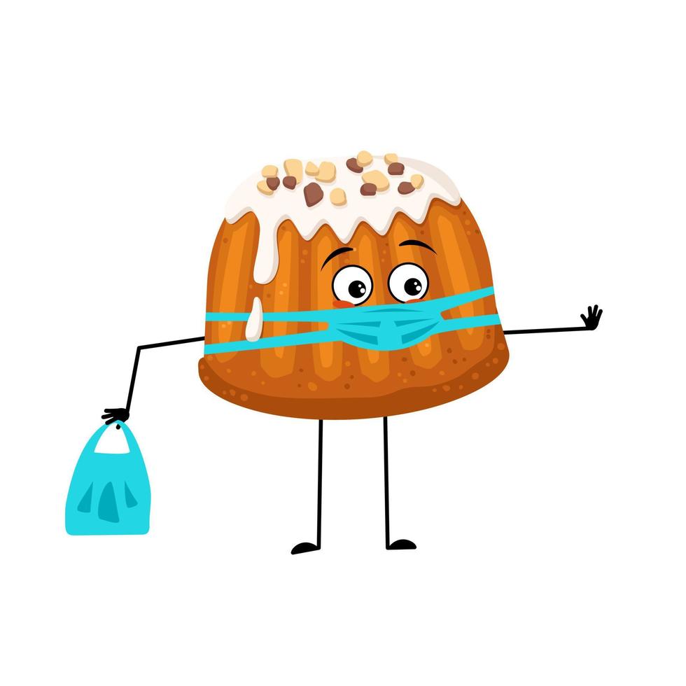 schattig geglazuurd muffinkarakter met droevige emoties, gezicht en masker houden afstand, handen met boodschappentas en stopgebaar. platte vectorillustratie vector