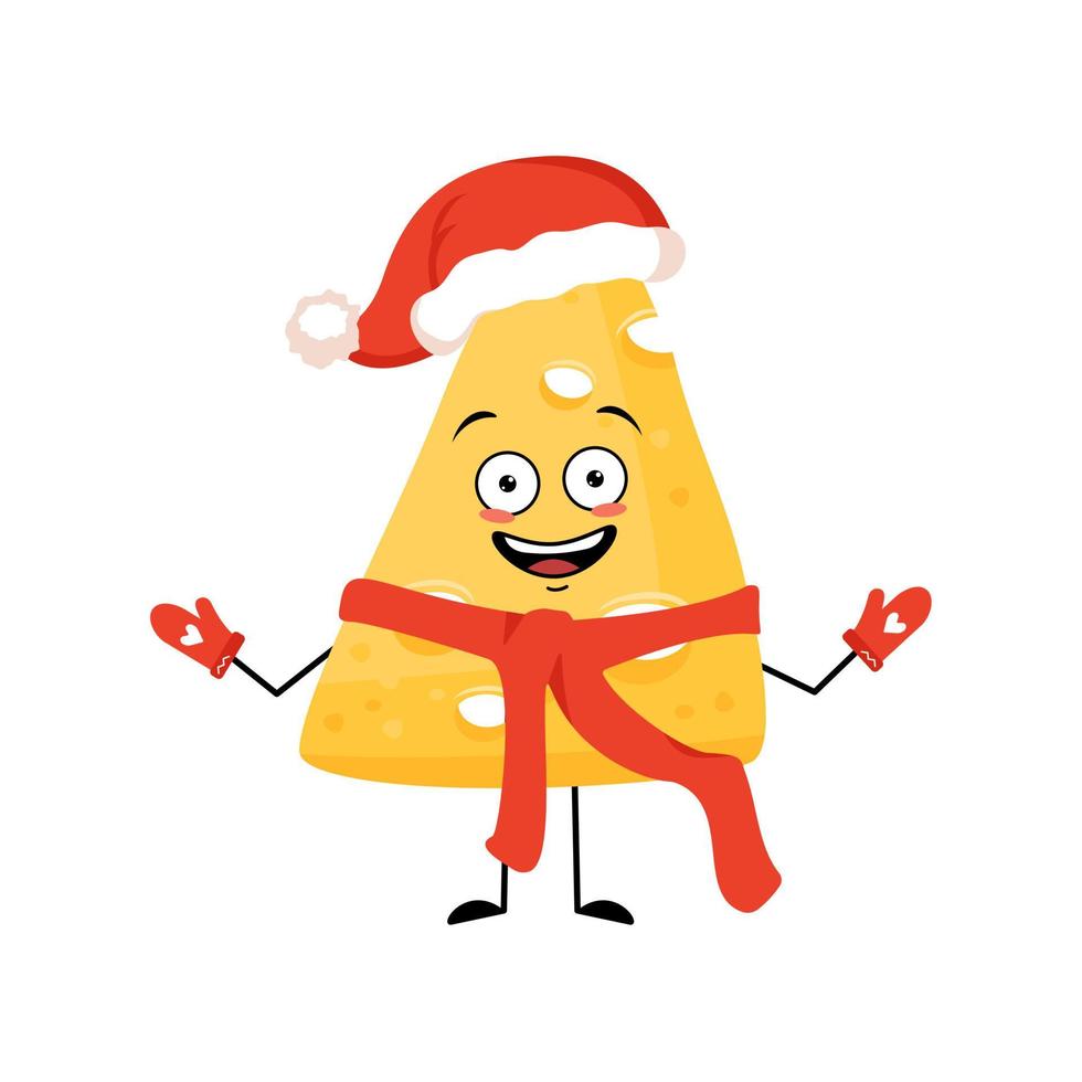 schattig kaaskarakter met vrolijke emoties, blij gezicht, glimlach, ogen, armen en benen in rode kerstmuts met sjaal en wanten. leuke zuivelmaaltijd of snack. platte vectorillustratie vector