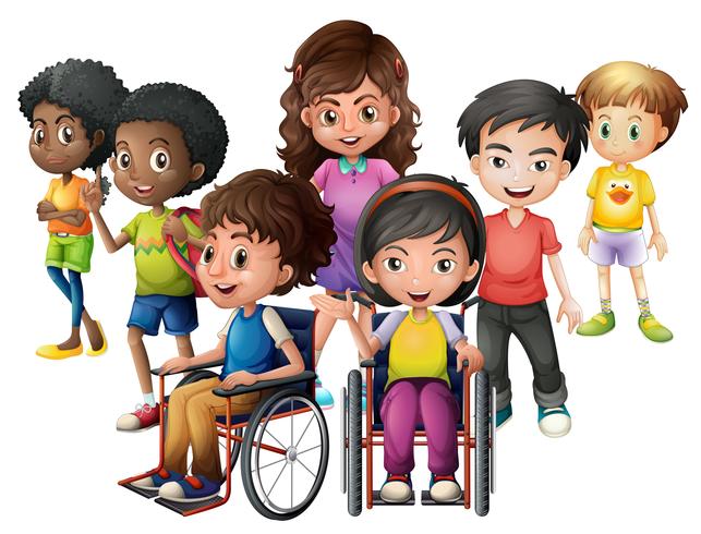 Gelukkige kinderen die en zich op rolstoelen bevinden vector