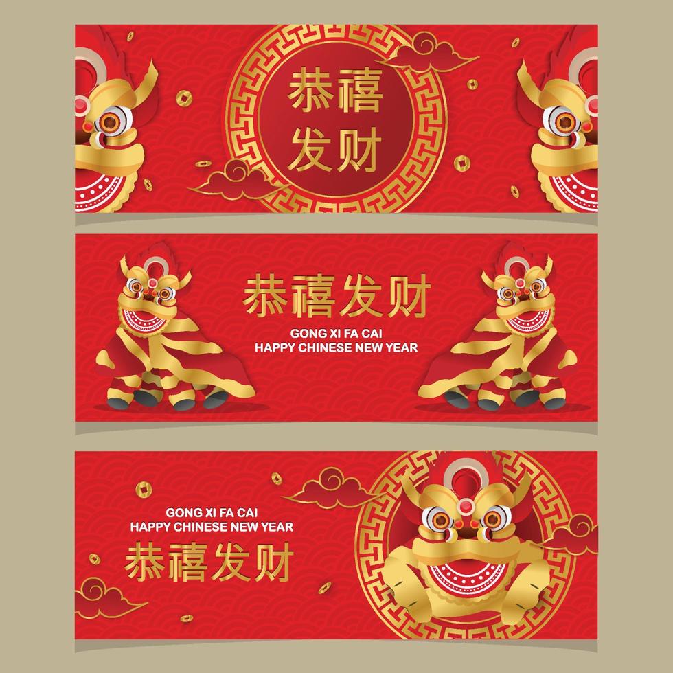 gouden chinese nieuwjaarsbanners met leeuwendans vector