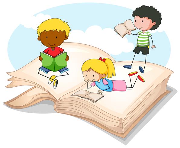 Drie kinderen die het verhalenboek lezen vector