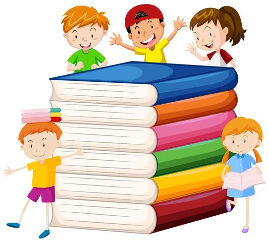 Grote boeken en gelukkige kinderen vector