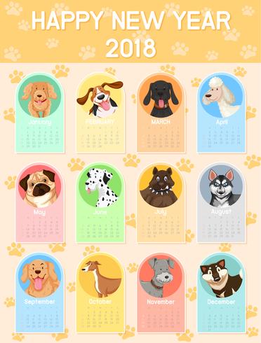 Kalendersjabloon met veel honden voor elke maand vector