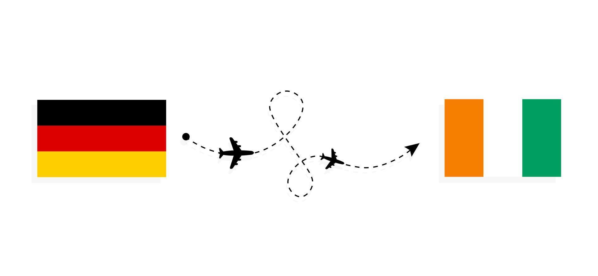 vlucht en reis van duitsland naar ivoorkust per passagiersvliegtuig reisconcept vector