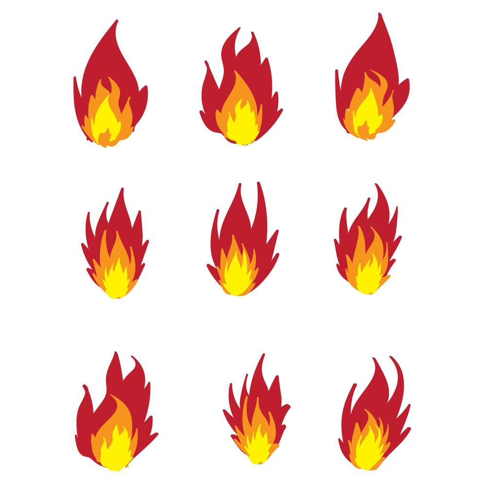 hand getrokken vuurvlam set met verschillende vormen geïsoleerd en gekleurd op zwarte achtergrond vector illustratie doodle