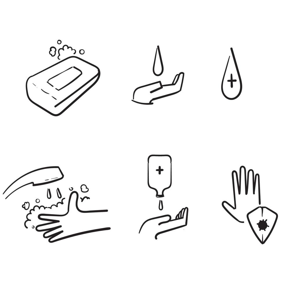 hand getekende eenvoudige set van handen wassen gerelateerde vector doodle pictogrammen. bevat iconen als wasinstructie, antiseptisch middel, zeep en meer.isolated