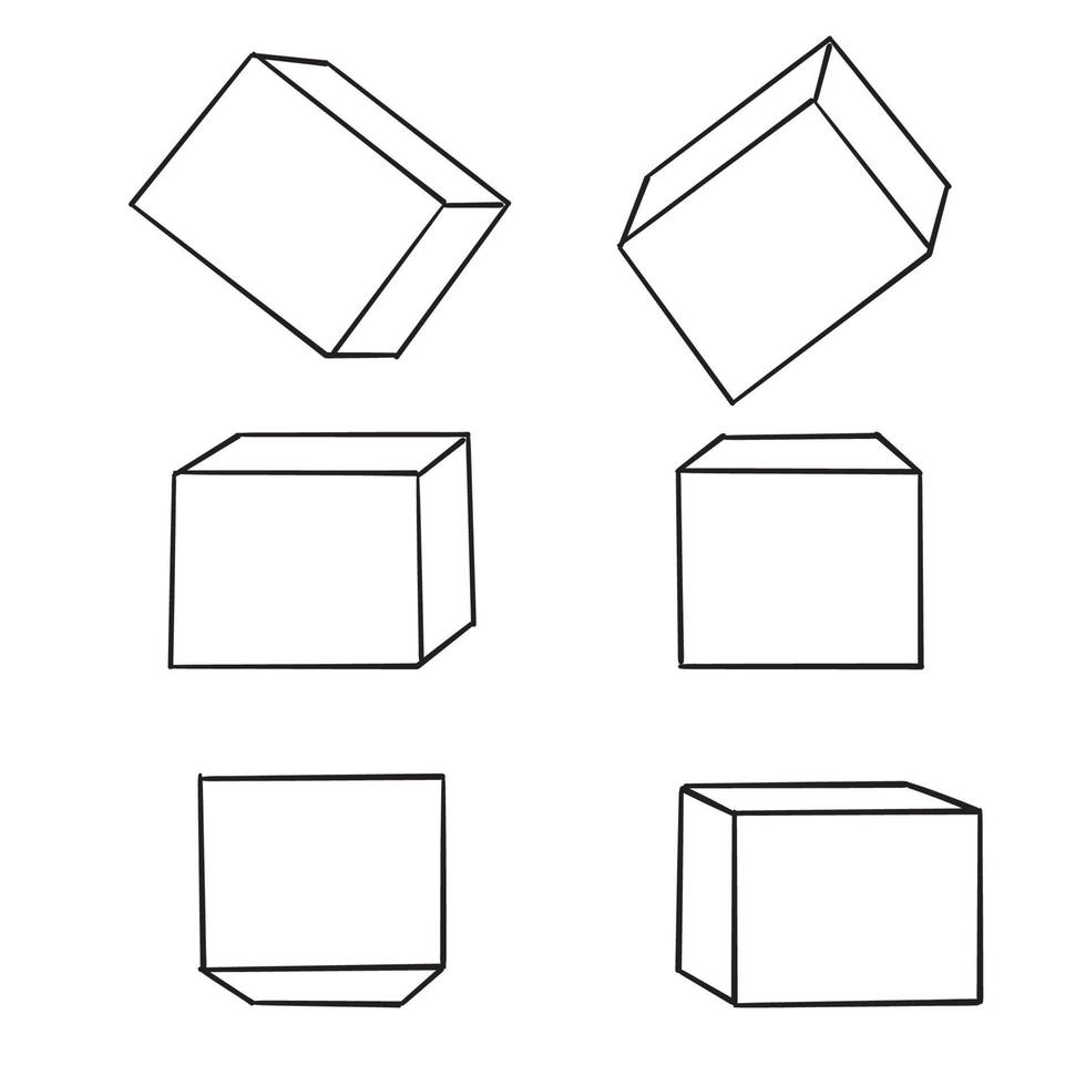 handgetekende doosmodel. lege verpakkingsdozen, kubusperspectief en mockups voor productpakketten doodle vector