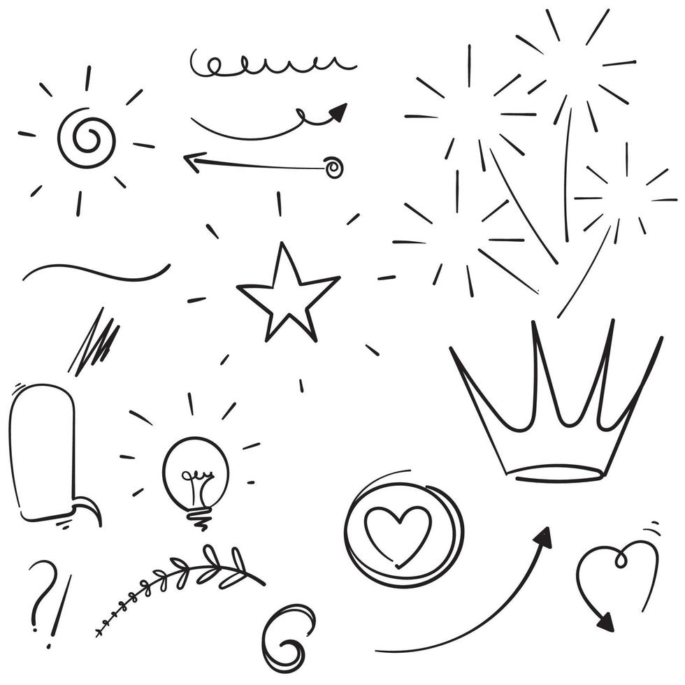 set doodle elementen. pijl, hart, liefde, tekstballon, ster, blad, zon, licht, vinkjes, kroon, koning, koningin, zwiepen, swoops, nadruk, werveling, hart in de hand getekende stijl vector
