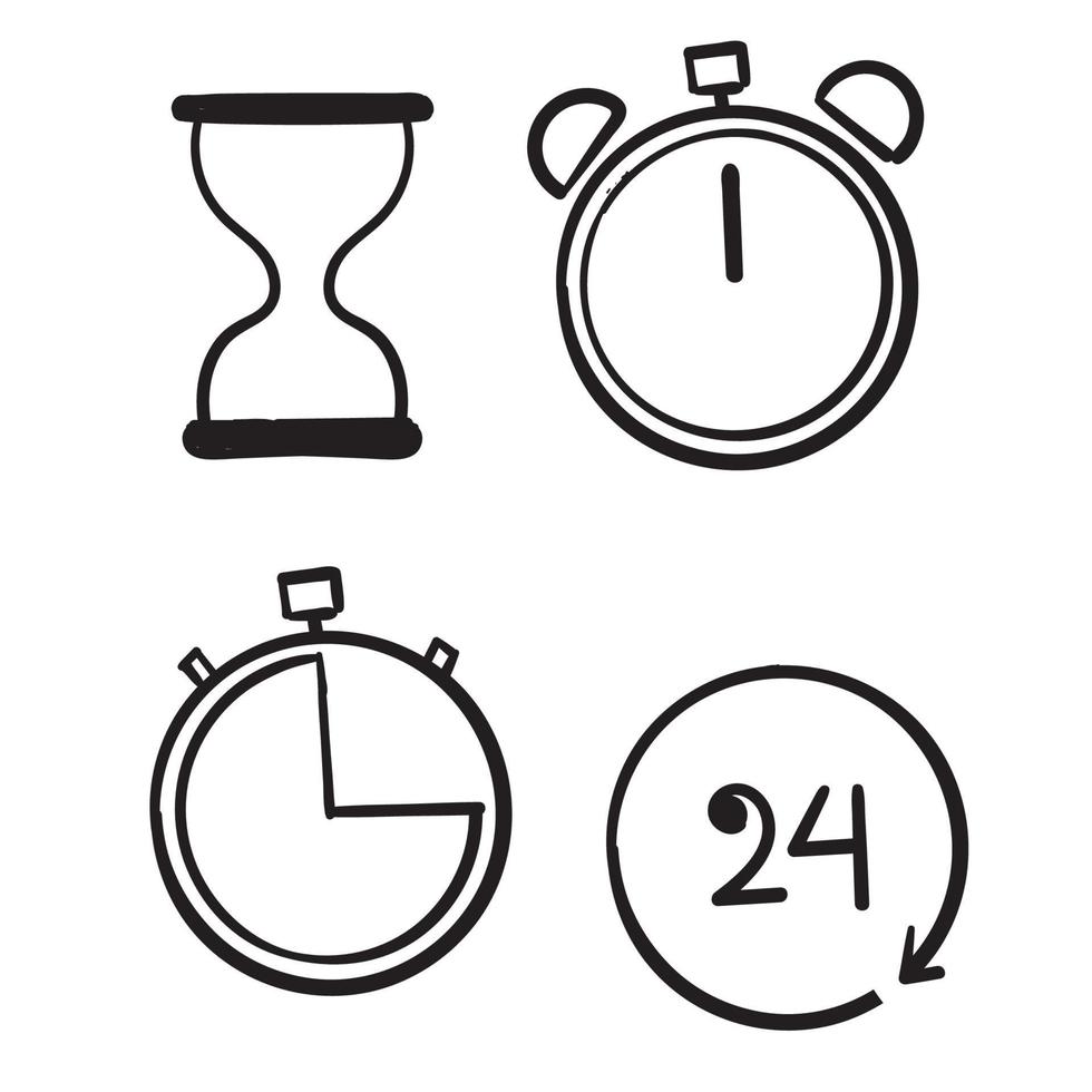 handgetekende tijd en klok ingesteld. tijdsbeheer. timer, snelheid, alarm, herstel, tijdbeheer, symbool doodle vector