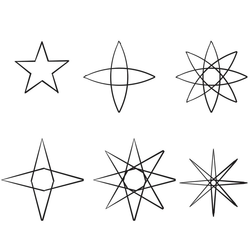 doodle ster pictogrammen. fonkelende sterren. schittert, stralende barst. kerst vector symbolen geïsoleerde hand getekende stijl