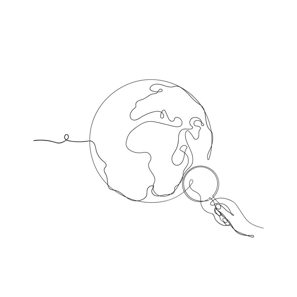hand getekende doorlopende lijn kunst stijl wereldbol en vergrootglas illustratie icoon vector