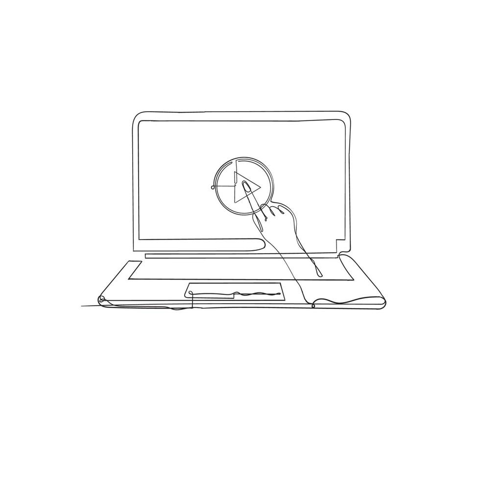 hand getrokken doodle handdruk videoknop afspelen op laptop illustratie met doorlopende lijntekening vector