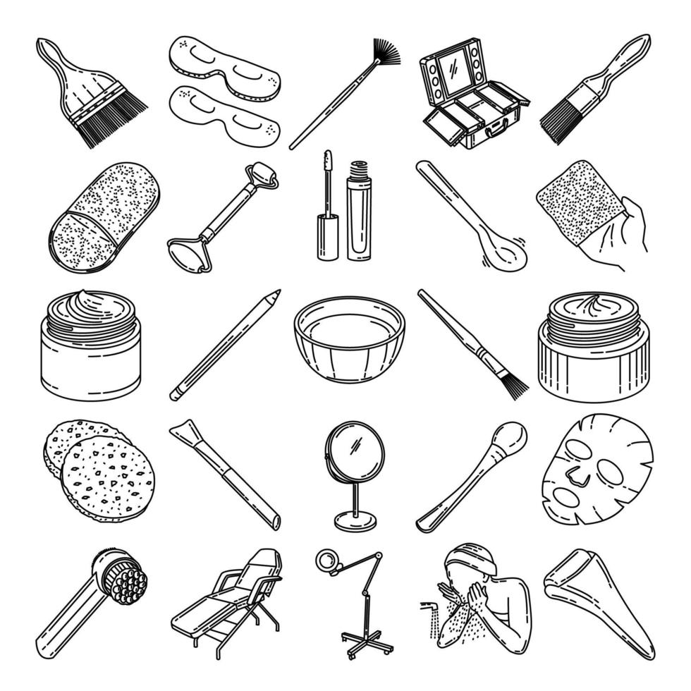 vrouwen gezichtsbehandeling tools set pictogram vector. doodle hand getrokken of schets pictogramstijl vector