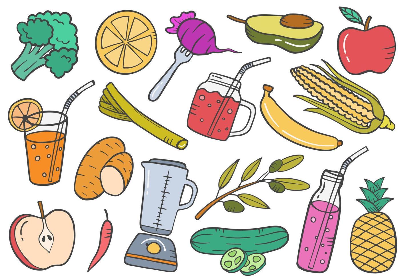 vegetarisch vegetarisch concept doodle handgetekende set collecties met platte omtrekstijl vector