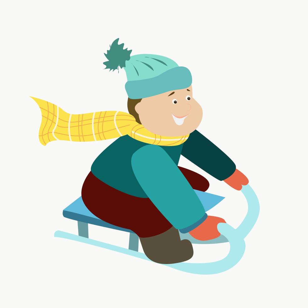 een jongen rijdt in de winter met een slee een heuvel af vector