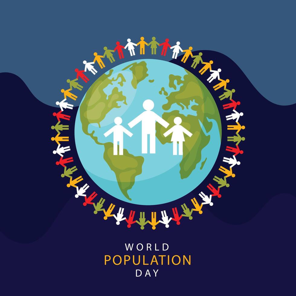wereld bevolking dag achtergrond met wereld kaart en papier mensen vector
