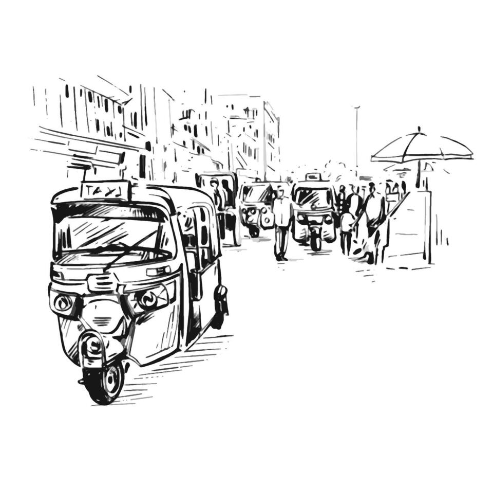 tekening van elektrisch auto riksja Aan weg Bij markt in Delhi Indië vector