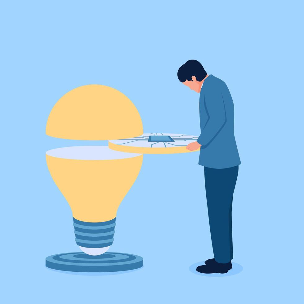 mensen Open de lamp van een idee en analyseren het, een metafoor voor idee innovatie vector