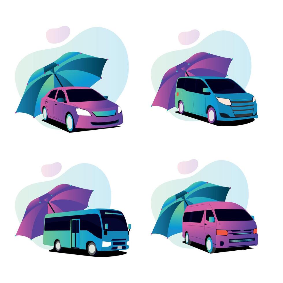 reeks van auto verzekering concept illustratie. paraplu dat beschermt auto- vector