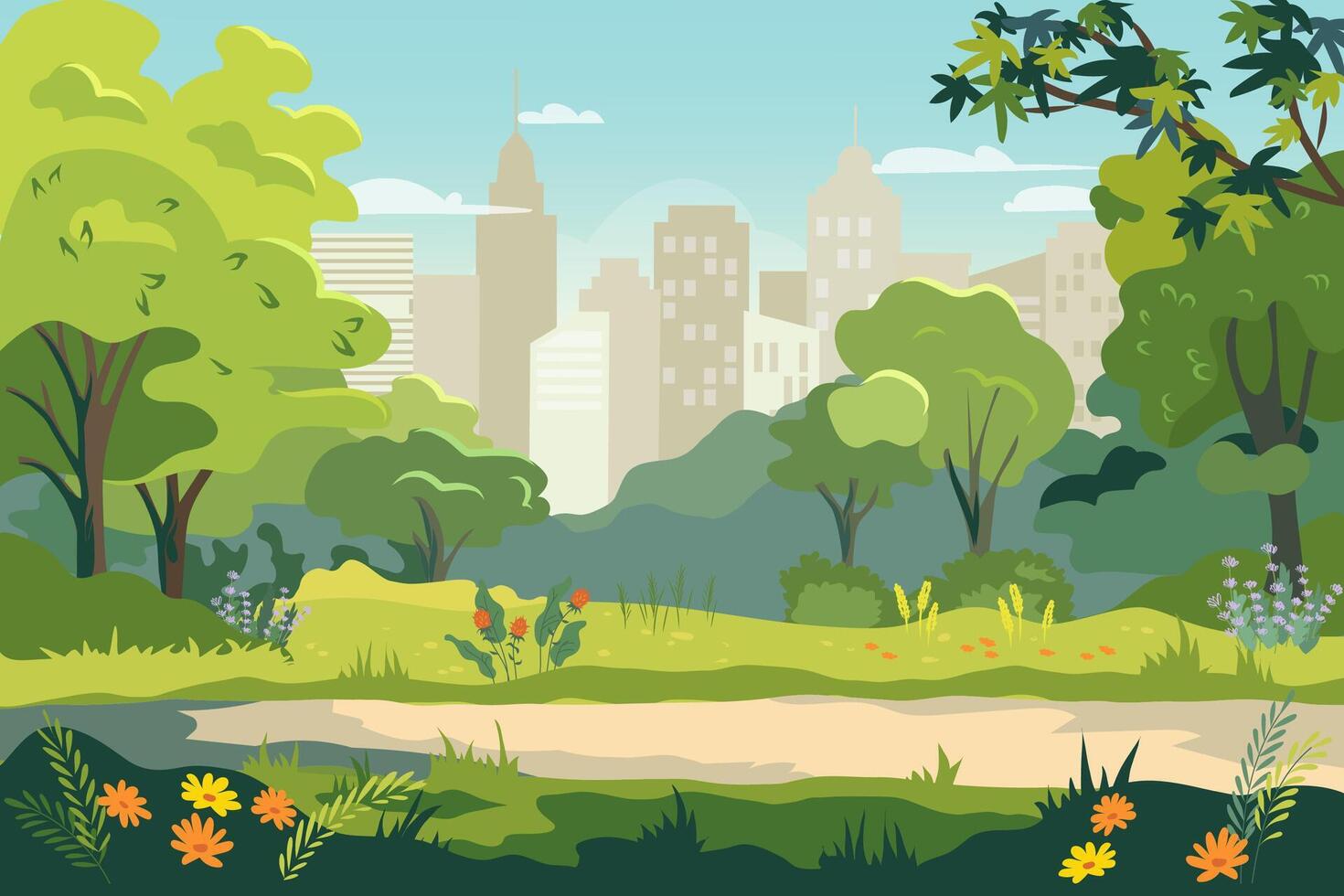 openbaar tuin in de stad. panoramisch visie van stad park met groen bomen, gras en stadsgezicht Aan achtergrond. illustratie tekenfilm landschap met leeg park en stad- gebouwen Aan horizon vector
