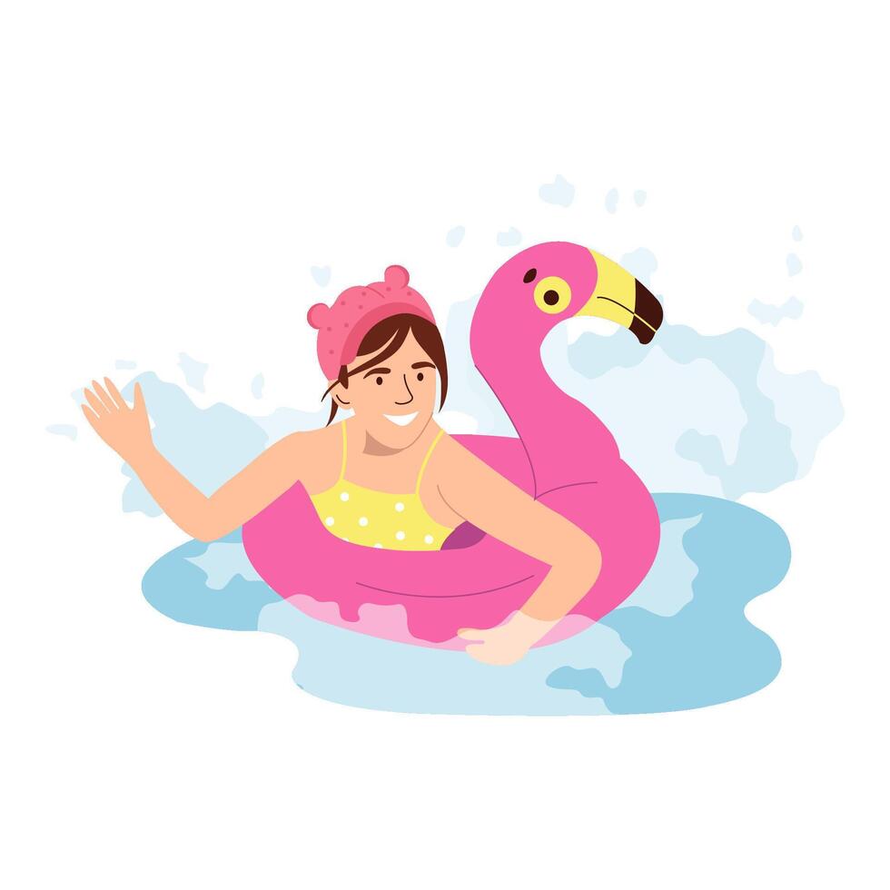 kinderen strand activiteiten en plezier. weinig meisje zwemmen in zee Aan flamingo zwemmen cirkel, kom tot rust buitenshuis. aanbiddelijk kind hebben pret Aan vakantie vlak illustratie geïsoleerd Aan wit achtergrond vector