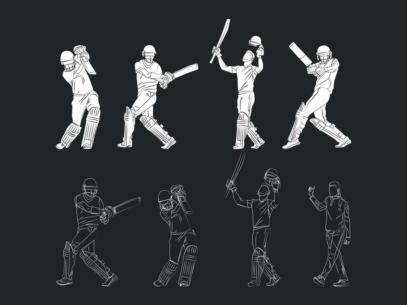 reeks van batsman spelen krekel lijn kunst in zwart achtergrond illustratie vector