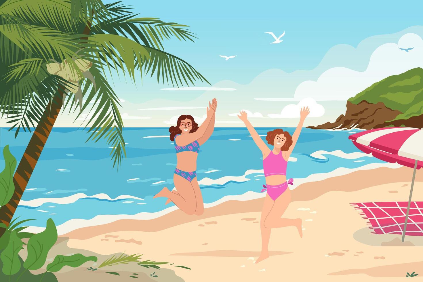 tropisch strand panoramisch visie met palm bomen en rotsen Aan de kust. gelukkig meisjes jumping omhoog Aan kust. vrolijk Dames in badmode, opgewonden over zomer vakantie. vlak vector