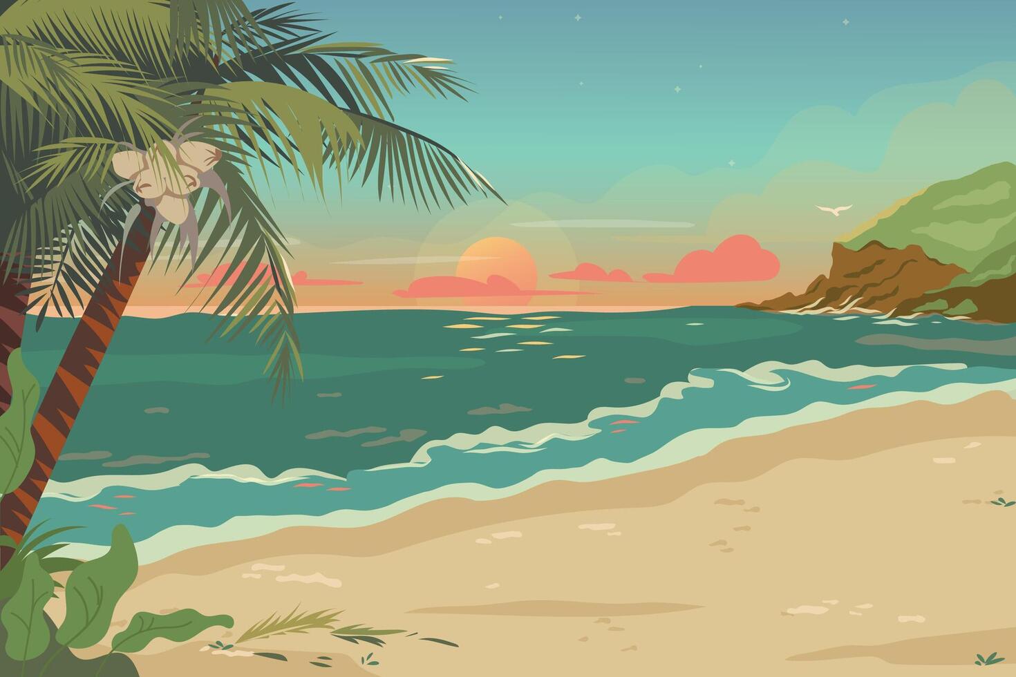 strand kust met palmen en kalmte water. zonsopkomst in oceaan, natuur zee landschap achtergrond. zeegezicht ochtend- visie tekenfilm vlak illustratie. romantisch landschappen van tropisch natuur vector