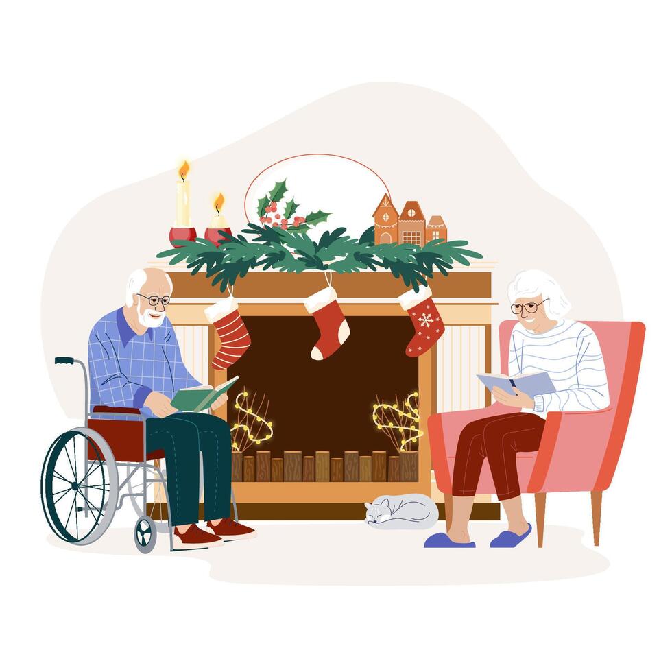 lezing oud Mens in rolstoel. gehandicapt ouderen Mens uitgeven tijd samen met zijn vrouw in de buurt de haard versierd voor Kerstmis vakantie. schattig vlak illustratie geïsoleerd Aan wit achtergrond vector