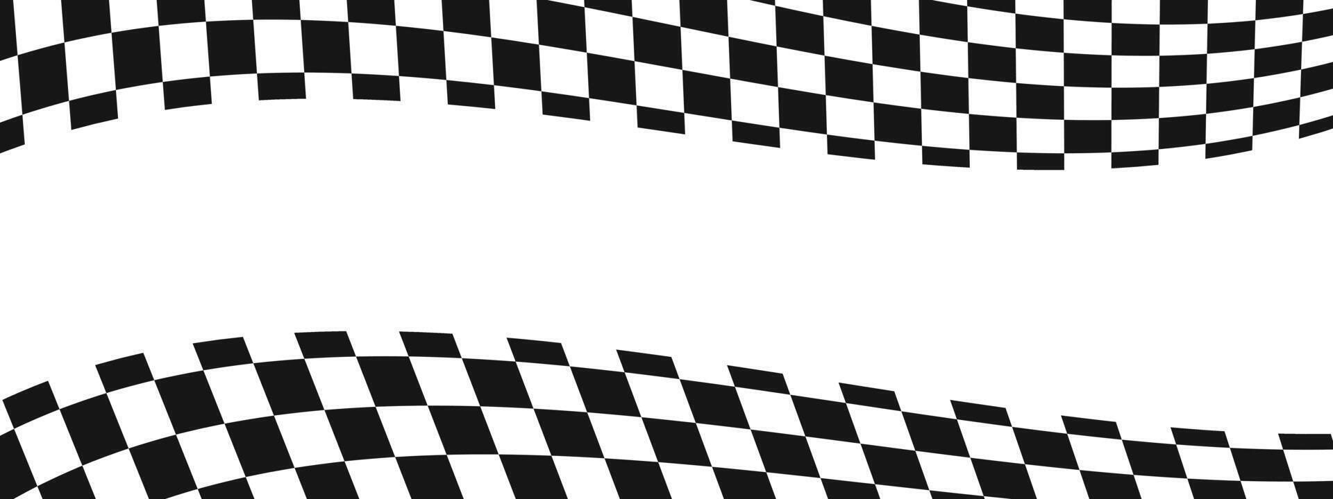 golvend ras vlaggen achtergrond met kopiëren ruimte. motorcross, rally, sport auto wedstrijd behang. kromgetrokken zwart en wit pleinen patroon. geruit kronkelend textuur. vervormd schaakbord indeling. vector