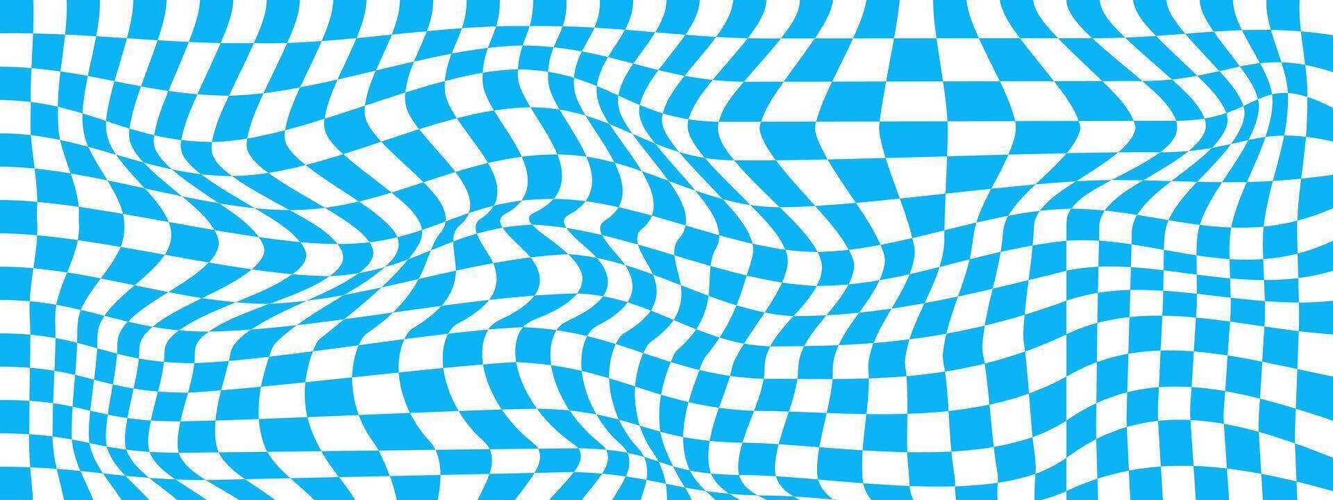 vervormd blauw en wit schaakbord achtergrond. geruit optisch illusie. psychedelisch patroon met kromgetrokken vierkanten. trippy schaakbord structuur vector