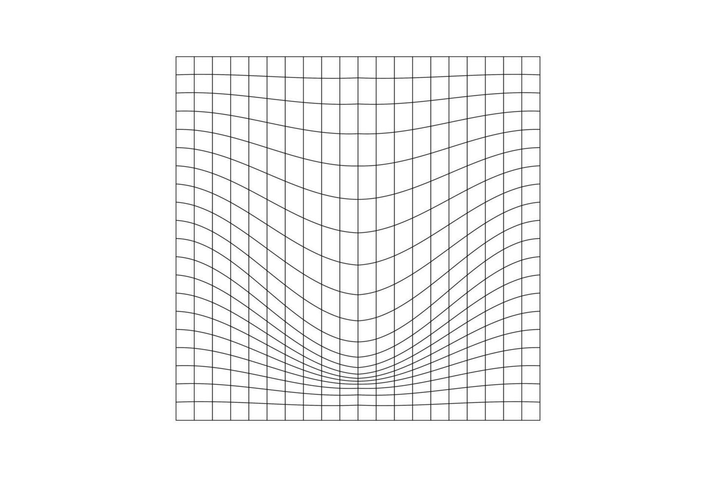 vervormd plein rooster. meetkundig vervorming effect. maas kromtrekken textuur. convex futuristische netto. zwaartekracht fenomeen. gebogen traliewerk oppervlakte geïsoleerd Aan wit achtergrond. vector