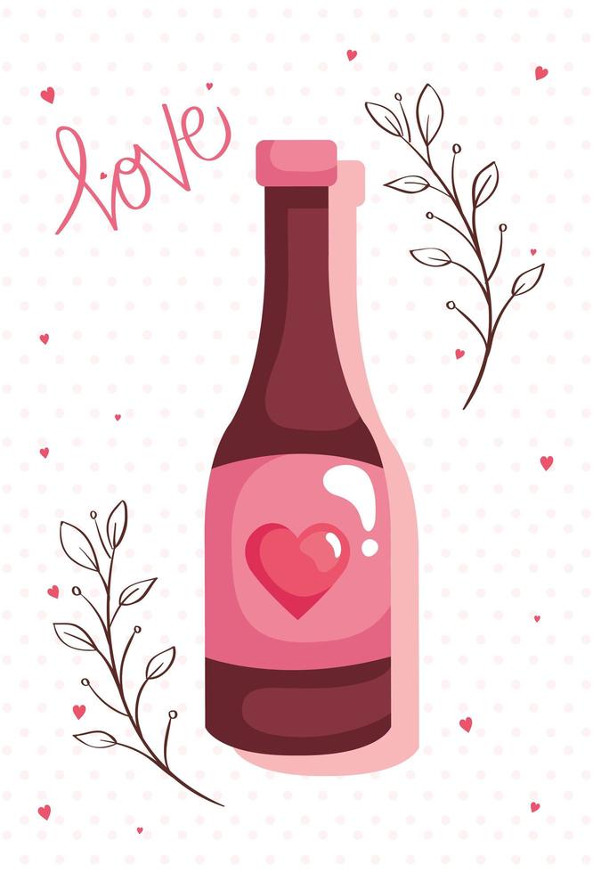 happy Valentijnsdag kaart met fles wijn en decoratie vector