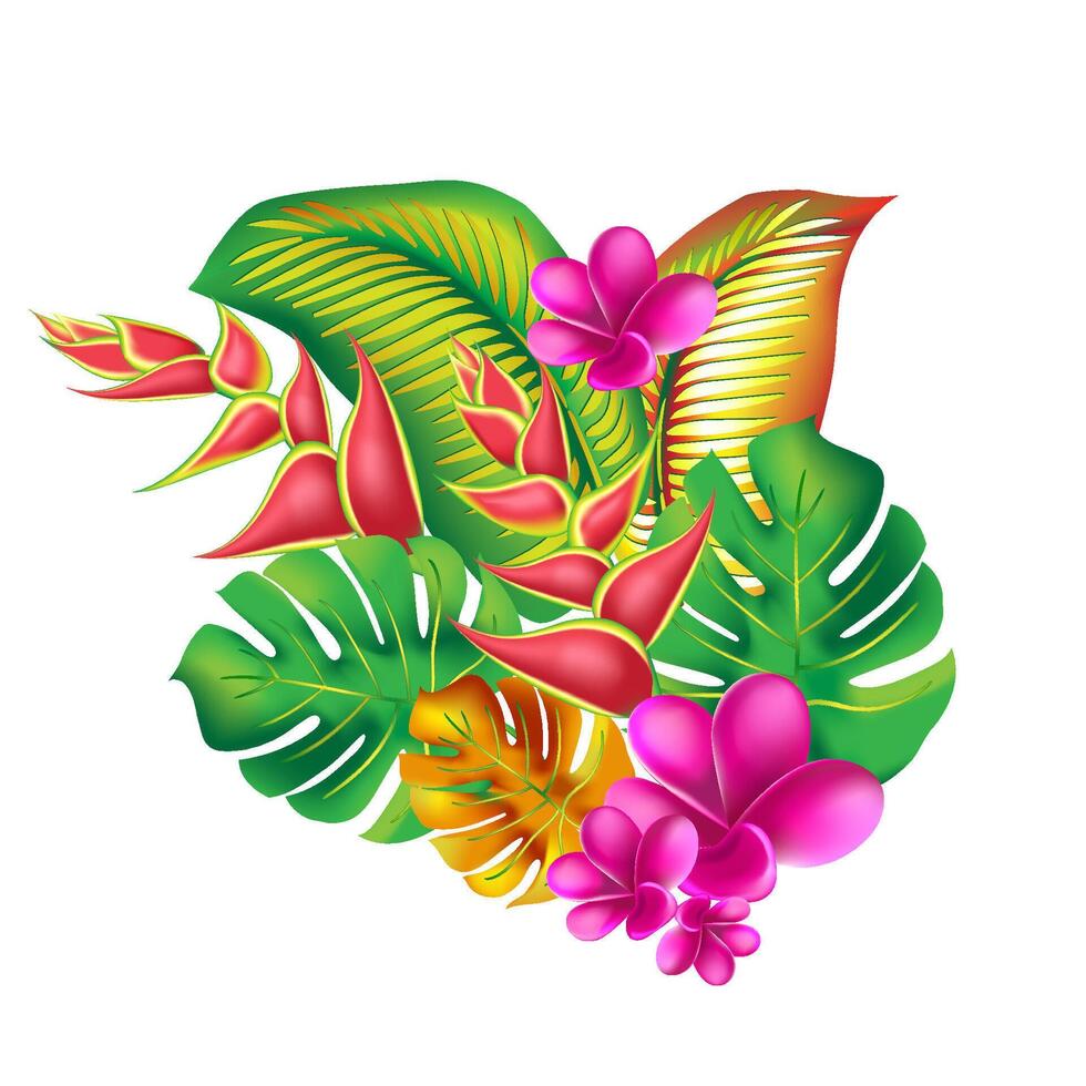 oerwoud bloem, bladeren keerkring set. geïsoleerd elementen. palm blad, monster, roze plumeria bloem, hibiscus bloesem, exotisch tropisch zomer bloemen en bladeren. vector