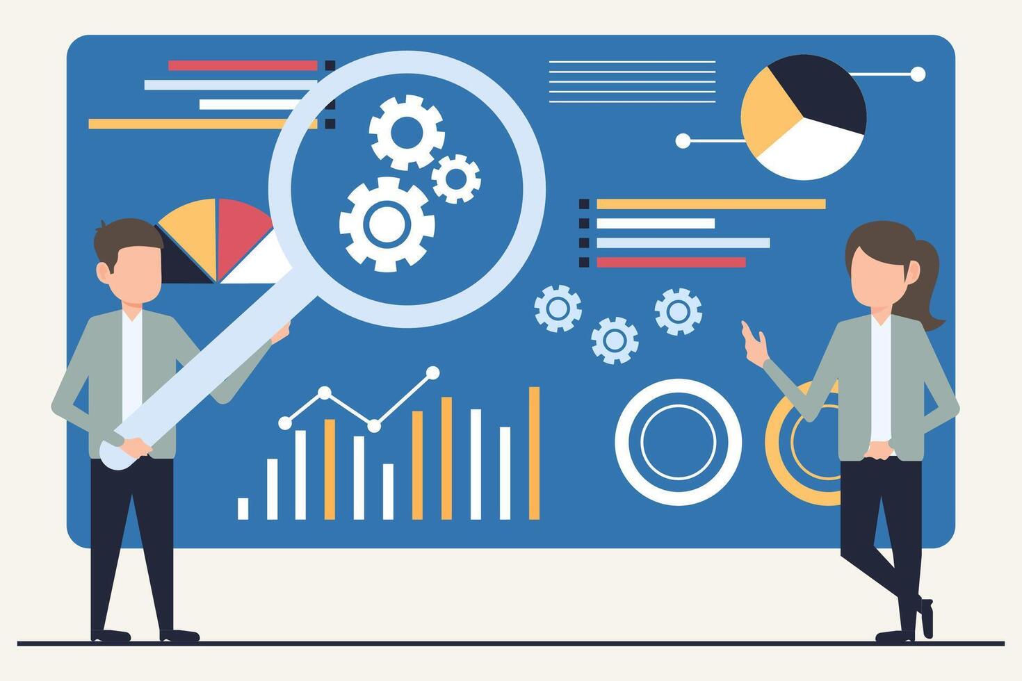 vlak ontwerp modern illustratie concept van bedrijf analyse en planning. zakenman gebruik makend van vergrootglas naar zoeken voor gegevens vector