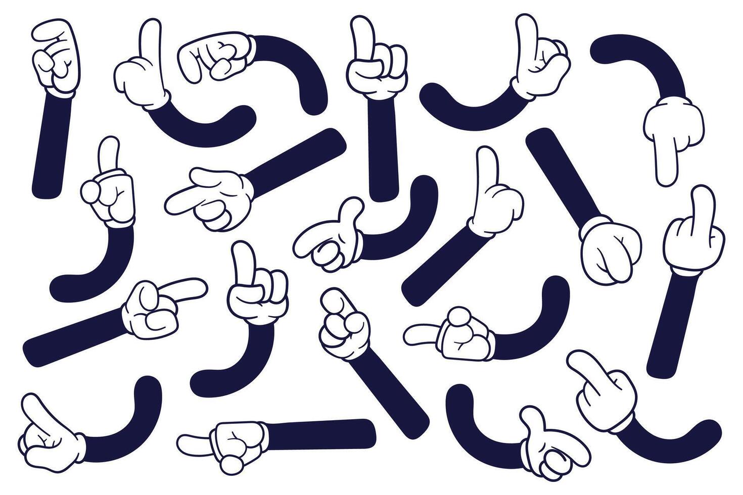 reeks van retro grappig handen gebaren in handschoenen voor tekenfilm karakters. ontwerp illustratie in tekening stijl vector