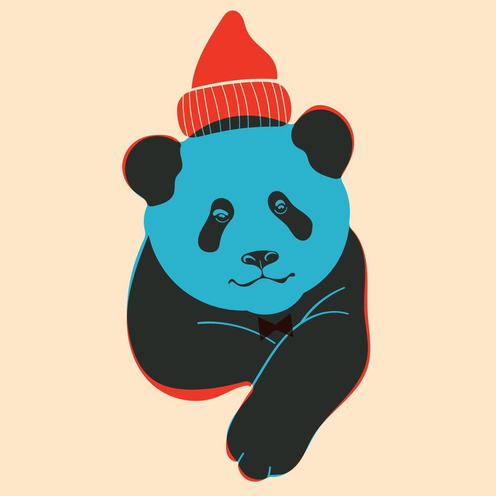panda in hoed. avatar, insigne, poster, logo Sjablonen, afdrukken. illustratie in een minimalistische stijl met riso afdrukken effect. vlak tekenfilm stijl vector