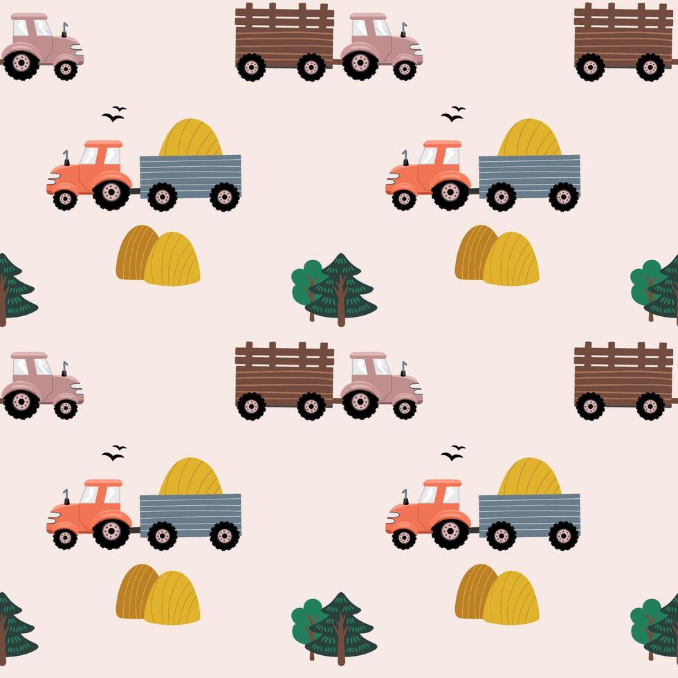 boerderij vervoer naadloos patroon landschap achtergrond met tractoren. hand- getrokken ontwerp voor afdrukken, behang, kinderen kleren, mode. vector
