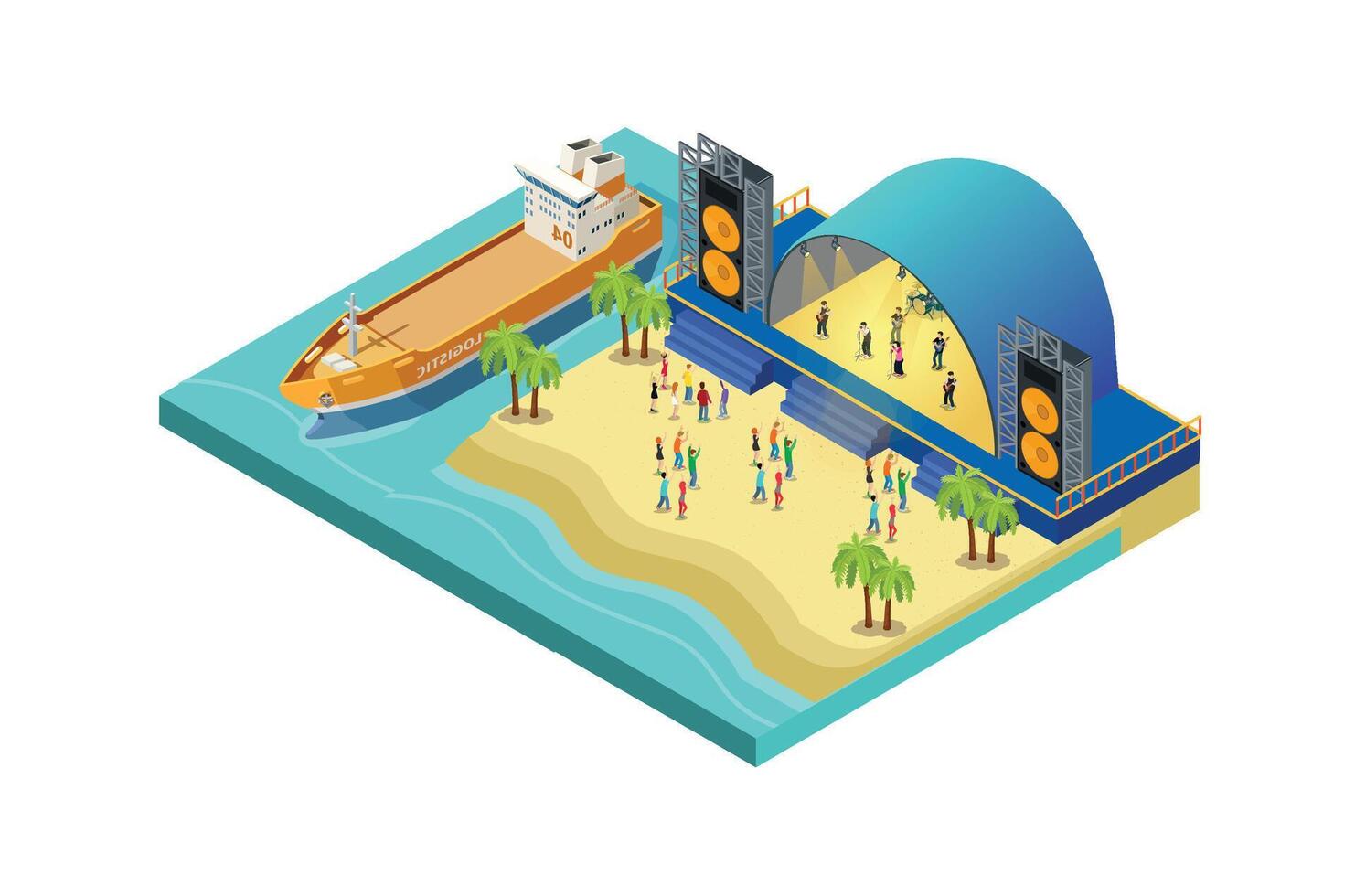 illustratie van muziek- evenement festival Aan de strand met blauw zee en schip lading, 3d concept isometrische visie van concert partij elementen achtergrond en stadium landschap. vector