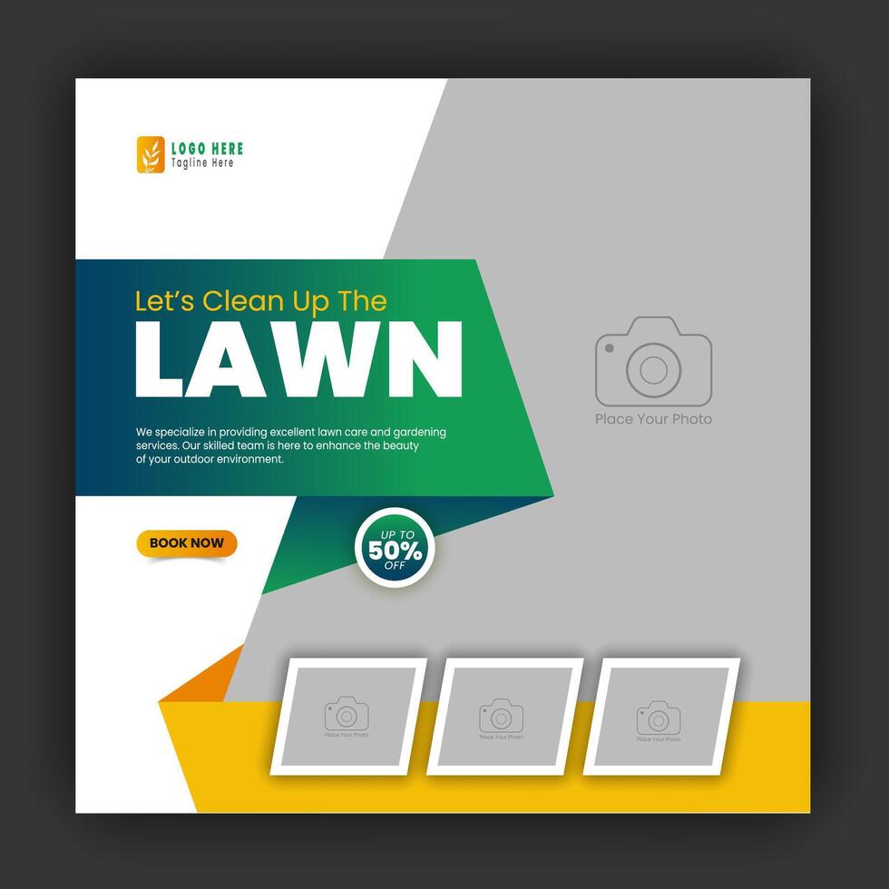 zakelijke modern gazon zorg tuin onderhoud voor sociaal media Hoes ontwerp sjabloon, landbouw en biologisch voedsel campagne post web banier, abstract groente, geel kleur vormen vector